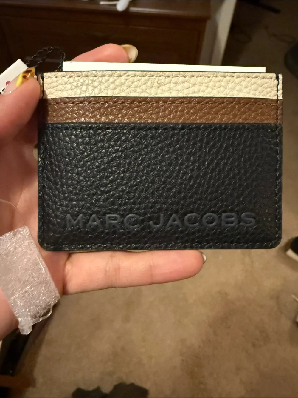 Marc Jacobs Tri-Stripe Leather Card Holder in Black, Brown & Cream